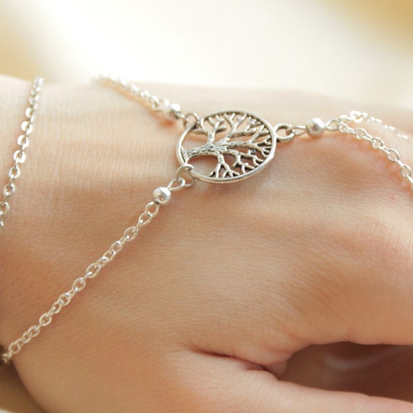 Silver Celtic Slave Bracelet Tree of Life Jewelry for Women Finger Ring Bracelet Bridal Hand Harness Handchain Rosary Dainty Body Jewelry