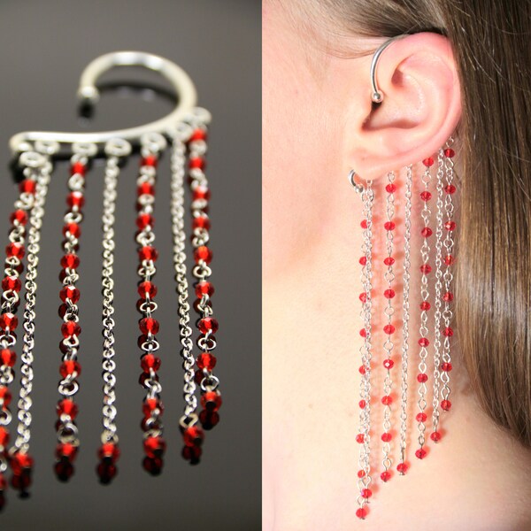 Red dangle ear cuff no piercing bohemian earrings large chain clip on jewelry costume cosplay festival jewellery fake wrap Valentines gifts