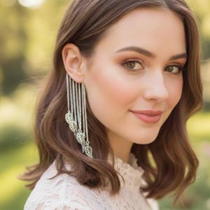 Long chain ear cuff, Silver leaves non pierced ear wraps, Dangling statement earrings, Large earring, No piercing jewelry gift Valentines