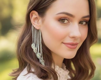 Long chain ear cuff, Silver leaves non pierced ear wraps, Dangling statement earrings, Large earring, No piercing jewelry gift Valentines
