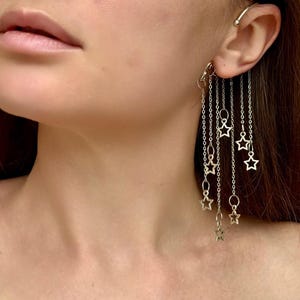 Star Ear Cuff Silver Ear cuffs Earrings No Piercing Fake Piercing Long Chain Shooting Stars Faux Non Pierced Clip On Birthday Gift Idea