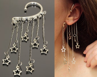 Star Ear Cuff Silver Ear cuffs Earrings No Piercing Fake Piercing Long Chain Shooting Stars Faux Non Pierced Clip On Birthday Gift Idea