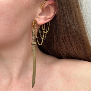 Gothic ear cuff, Big sword cuff earrings, No piercing ear wrap, Pirate jewelry, Bronze dagger earrings, Fake knife cuff, Men Saber jewellery