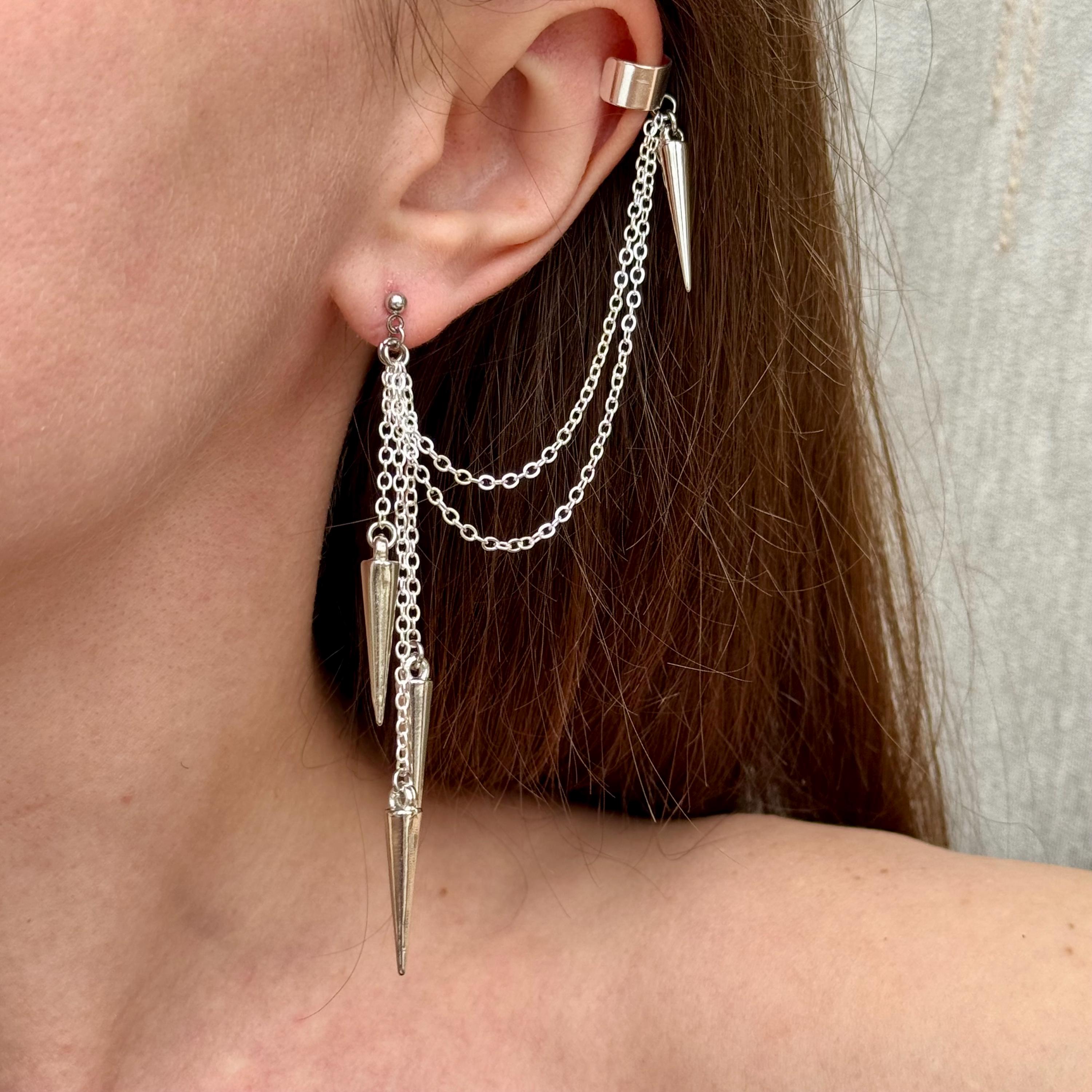 Spike Chain Ear Cuff Earrings, Fake Piercing Silver Ear Wrap Spike Chain Ear Cuff Earrings, Fake Piercing Silver Ear Wrap