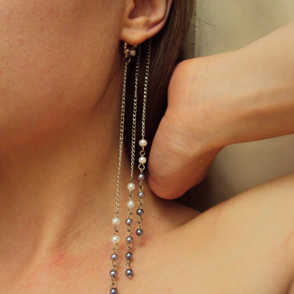 Pearl Ear Cuff Set Dangle Silver Earcuff Dangling Non Pierced Ear Cuff Wedding Extra Long Mismatched Earrings Purple Wedding Bridal cuff set