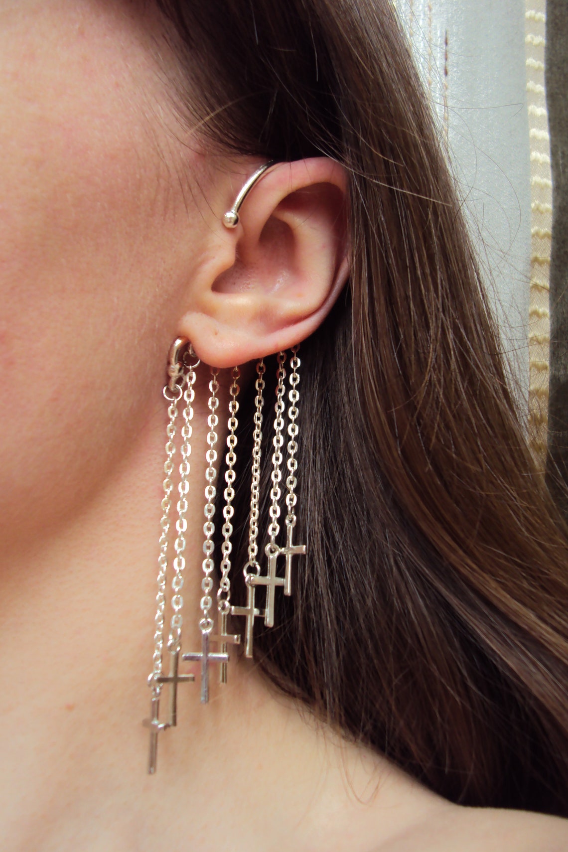 Cross ear cuff Non pierced earrings for women Long chain Etsy