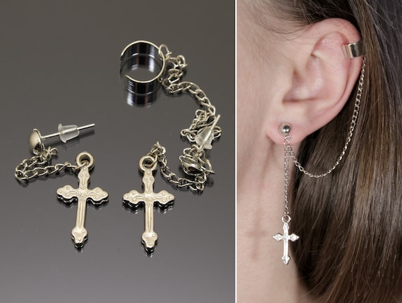 Cross Chain Ear Cuff Silver Cartilage Ear Wrap Mens Earring