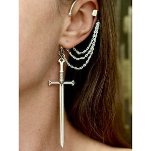 Sword cuff earrings, No piercing ear wrap, Pirate cosplay jewelry, Big dagger ear cuff, Fake Cuff with Knife, Renaissance Gothic earring