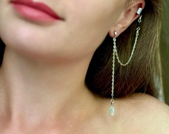 Long chain ear cuff, Feather cuff earrings, No piercing fake cuffs, Silver dangle ear wrap, Non pierced cartilage ear cuff, Leaf cuff set