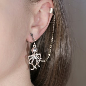 Pirate Octopus Ear Cuff, No Piercing Wrap Earring, Silver Clip On Climber, Cosplay Tentacle Jewelry, Spooky Sea Gift, Nautical Costume