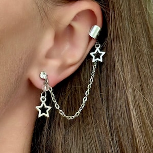 Star ear cuff earrings, Dangle non pierced fake ear cuffs, Stars wrap earrings, Shooting stars faux cartilage earring for women gift idea
