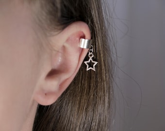 Star ear cuff, Small cuffs, No piercing ear wrap, Silver fake cartilage earring, Non pierced jewelry for women, Unusual summer earrings