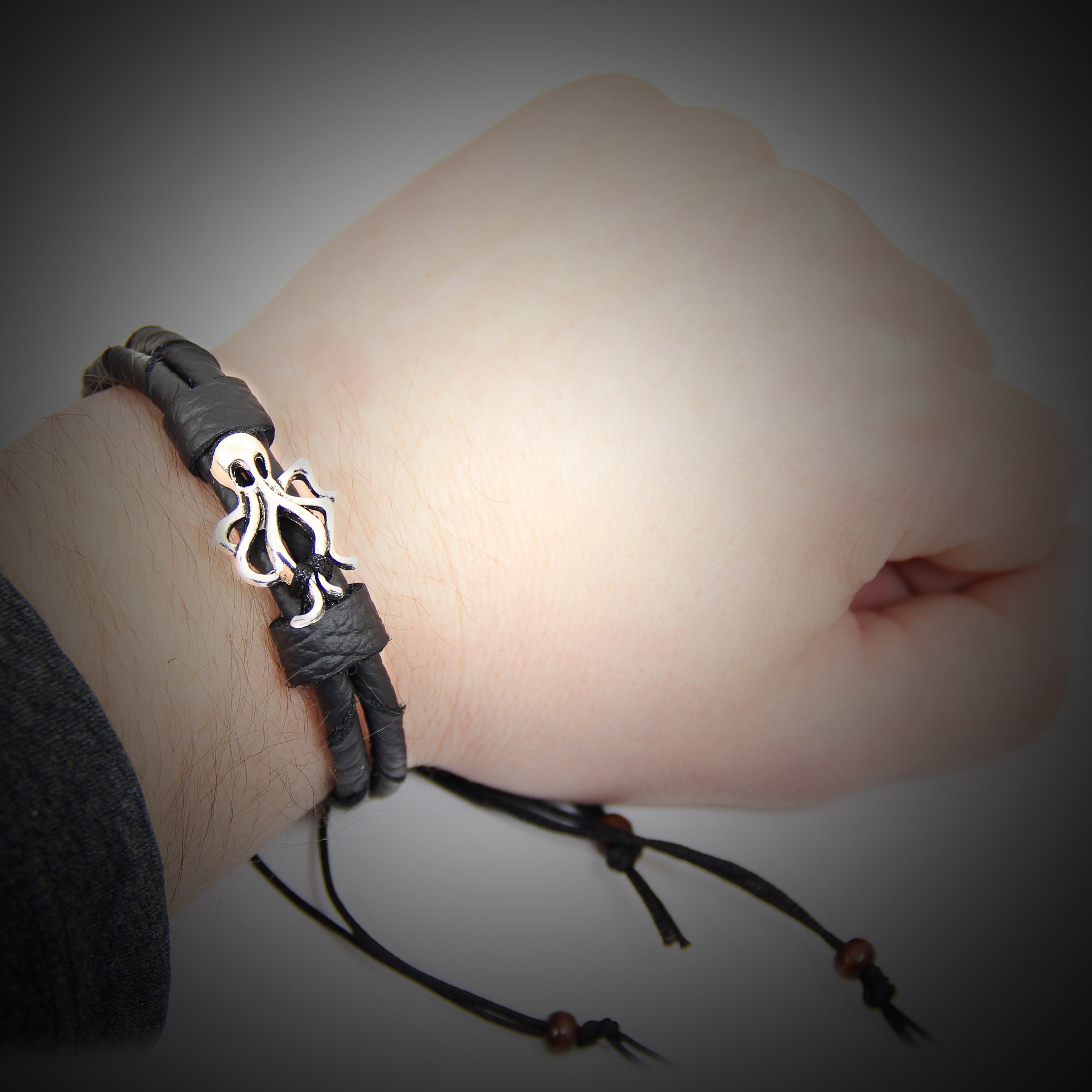 Octopus Bracelet, Black Genuine Leather Bracelets, Pirate Cosplay Adjustable Bracelet with Sliding Knot, Men's Bracelets, Halloween jewelry