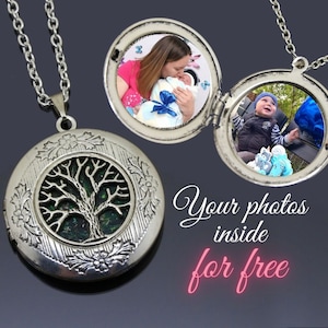 May include: Silver locket necklace with a tree design on the front. The locket opens to reveal two photo spaces. The text "Your photos inside for free" is visible in the image.