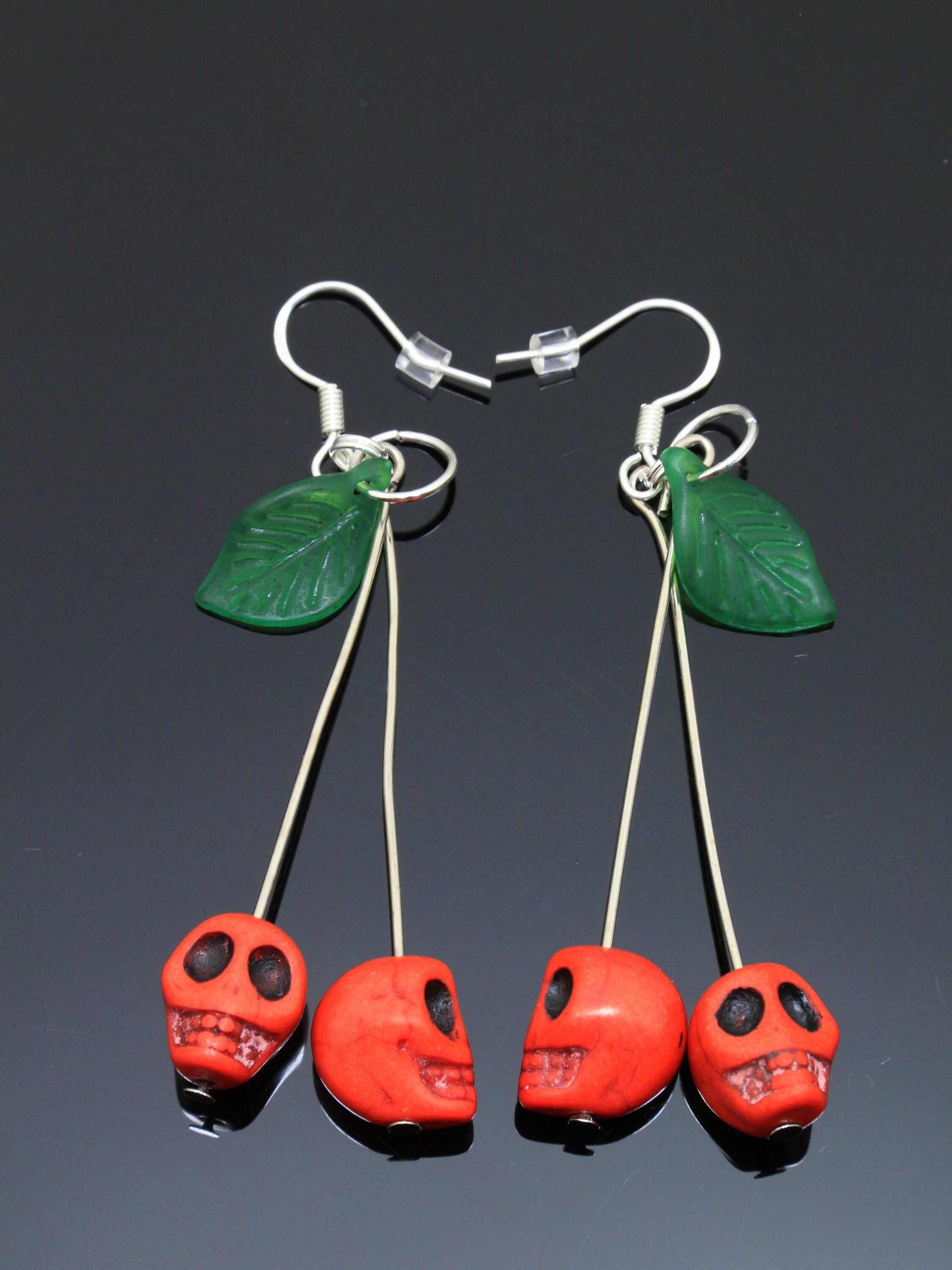 Handmade Red Skull Cherry Earrings Rockabilly Earrings Pinup Jewelry kitsch earring pin up funky earrings quirky earrings