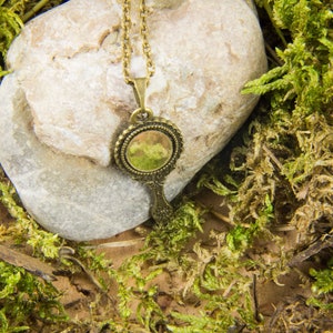 May include: A gold-toned necklace with a round, ornate mirror pendant. The pendant has a green glass mirror and is surrounded by a decorative frame. The necklace is lying on a rock and moss.
