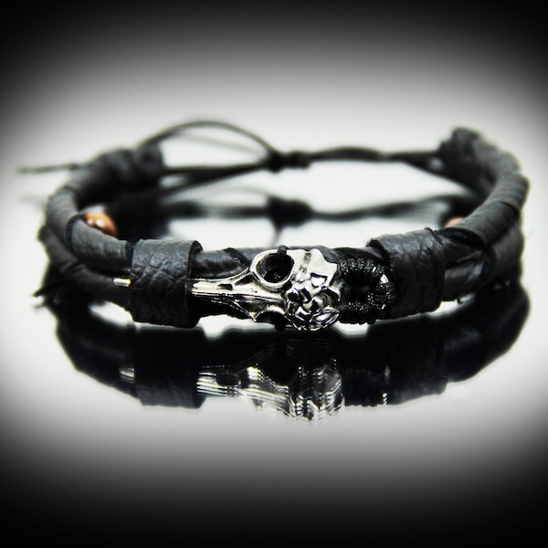 Raven Skull Bracelet, Black Genuine Leather Bracelets, Bird Skeleton Adjustable Bracelet with Sliding Knot, Men's Bracelets, Gothic jewelry