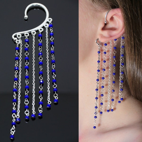 Royal blue ear cuff sapphire beaded earrings cobalt blue wedding earrings bridesmaids gifts trending wire wrapped jewelry pierceless earring