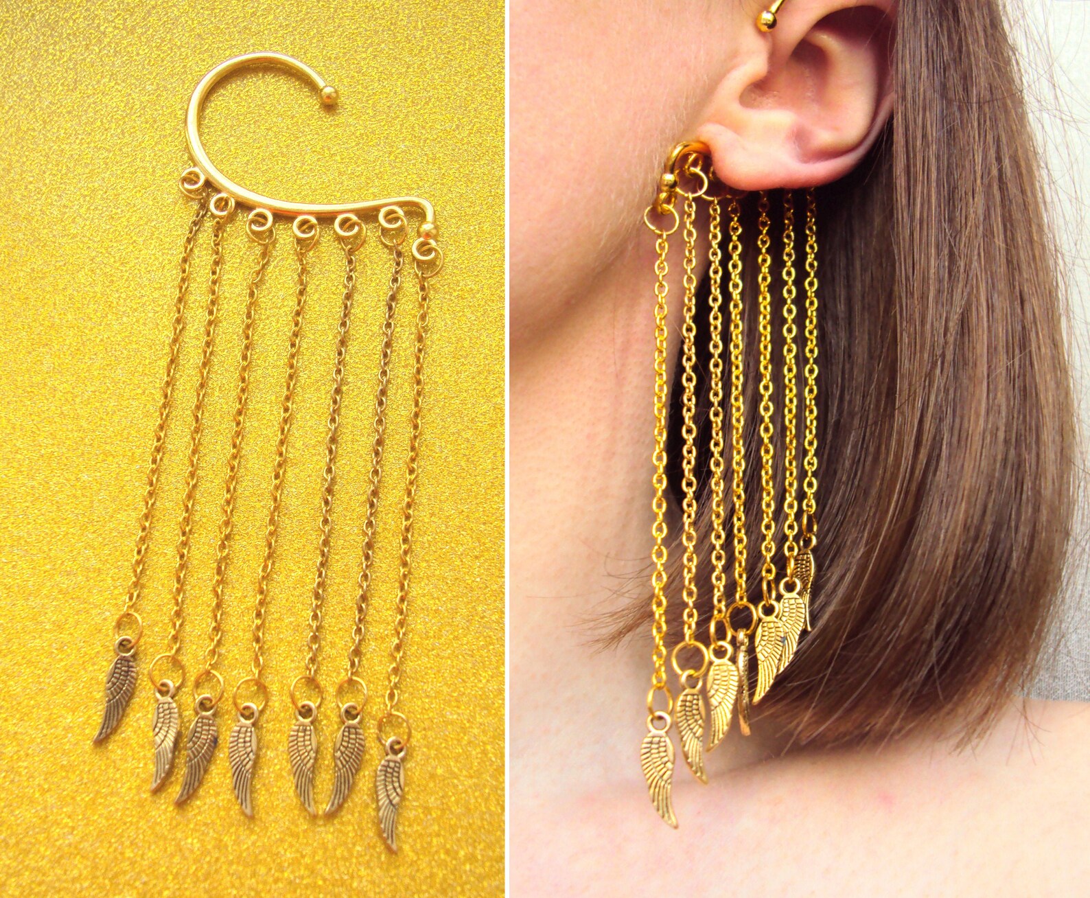 Wing ear cuff Long chain earrings for women Angel winged Etsy