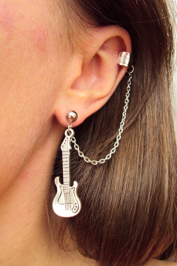 Guitar earrings, Cartilage ear cuff, Rock'N'Roll jewelry gift, Music lover gift, Rockabilly quirky funky punk jewellery, Gift for musician