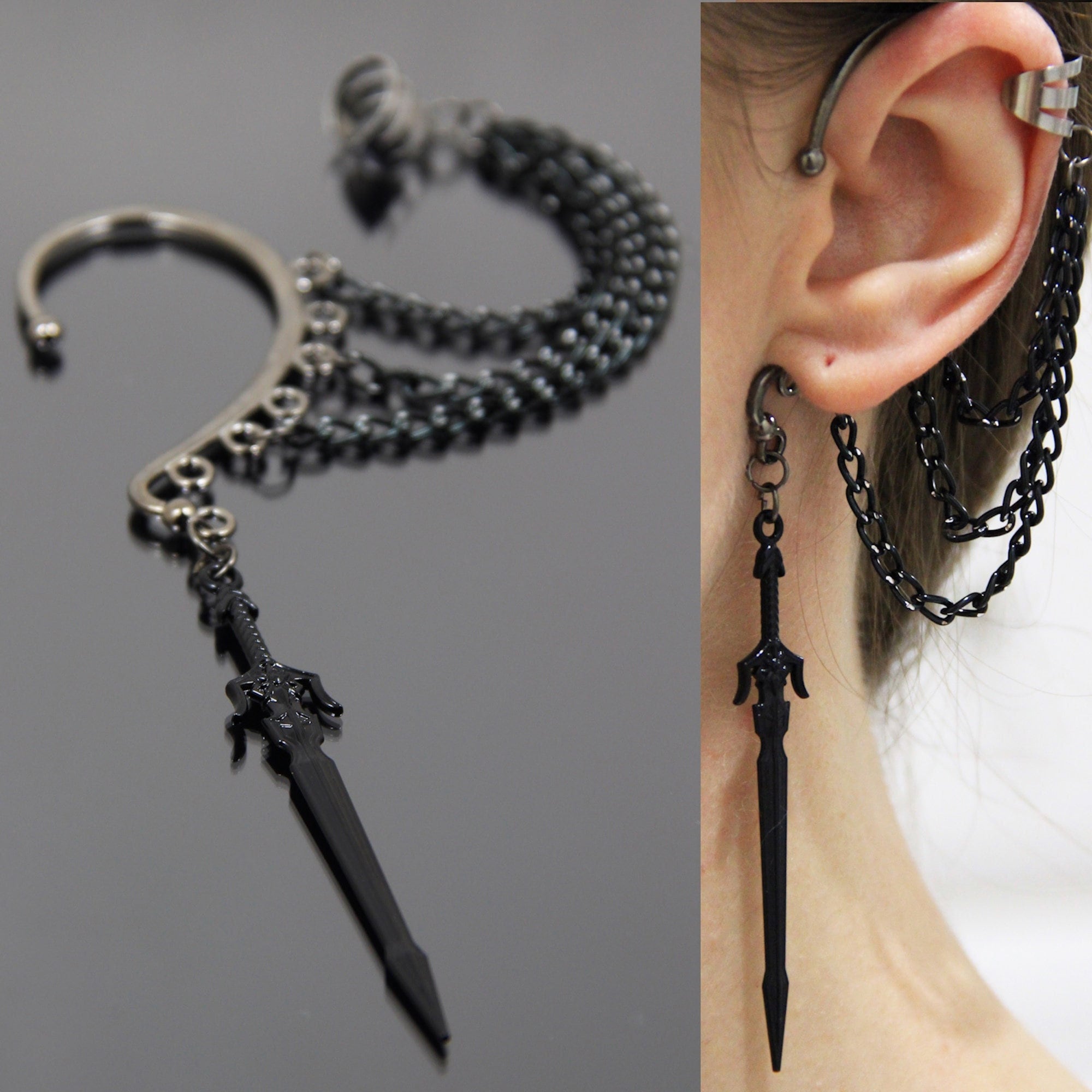 Black Sword Cuff Earrings, No Piercing Ear Wrap, Pirate Black Sword Cuff Earrings, No Piercing Ear Wrap, Pirate