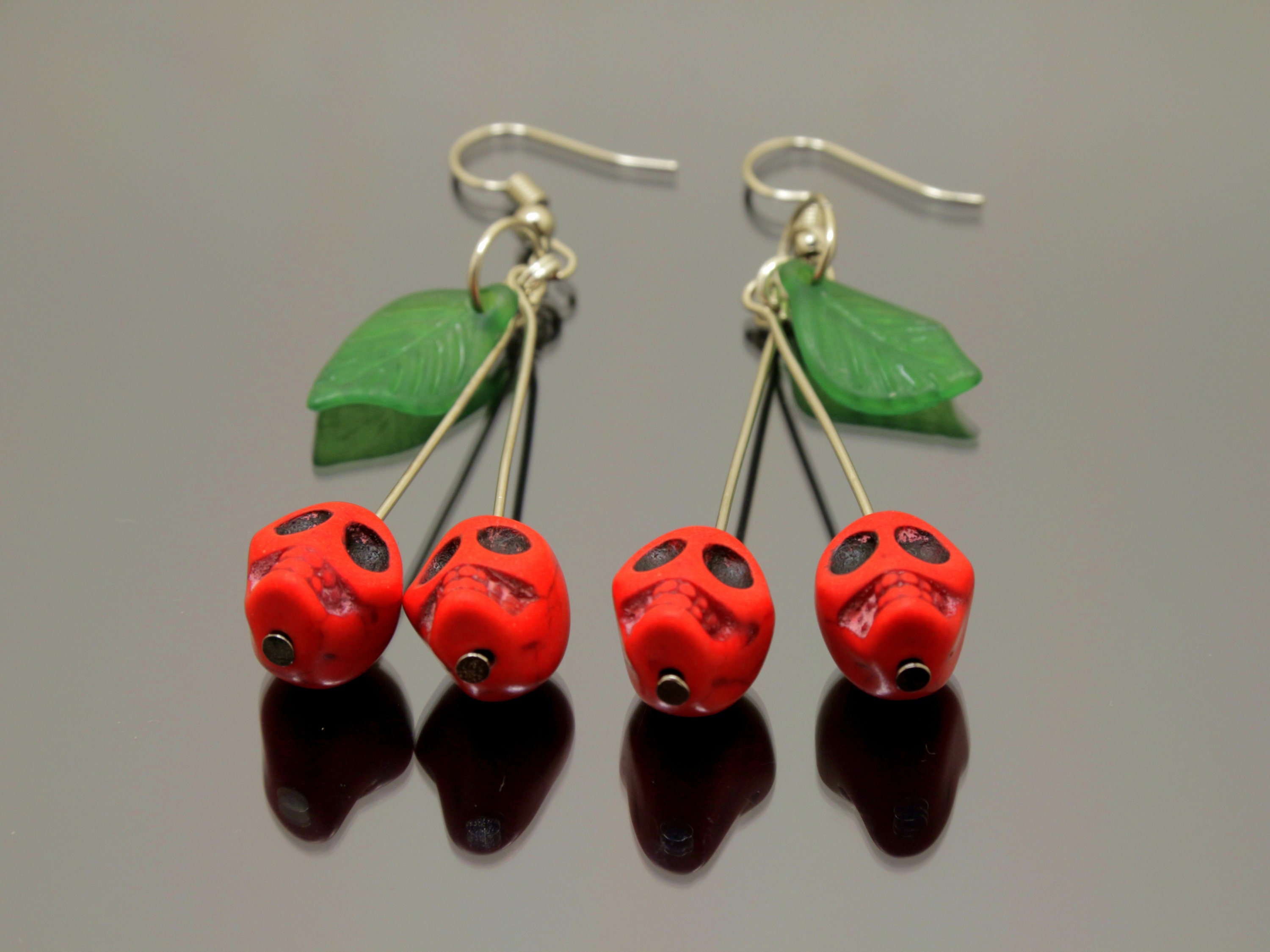 Handmade Red Skull Cherry Earrings Rockabilly Earrings Pinup Jewelry kitsch earring pin up funky earrings quirky earrings Handmade Red Skull Cherry Earrings Rockabilly Earrings Pinup Jewelry kitsch earring pin up funky earrings quirky earrings