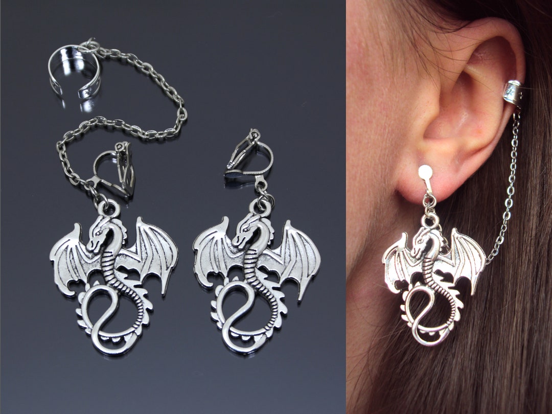 Dragon Earrings, Dragons Clip on Ear Cuff Set, No Piercing Wrap