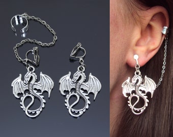 Dragon earrings, Dragons clip on ear cuff set, No piercing wrap, Fantasy cosplay jewelry, No hole earring, Gothic jewelry, Rock punk gift