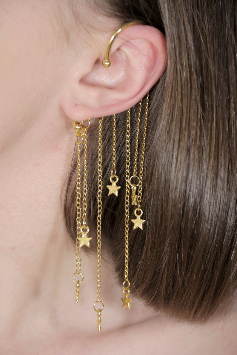 Gold star ear cuff celestial chain jewelry long single earring Etsy
