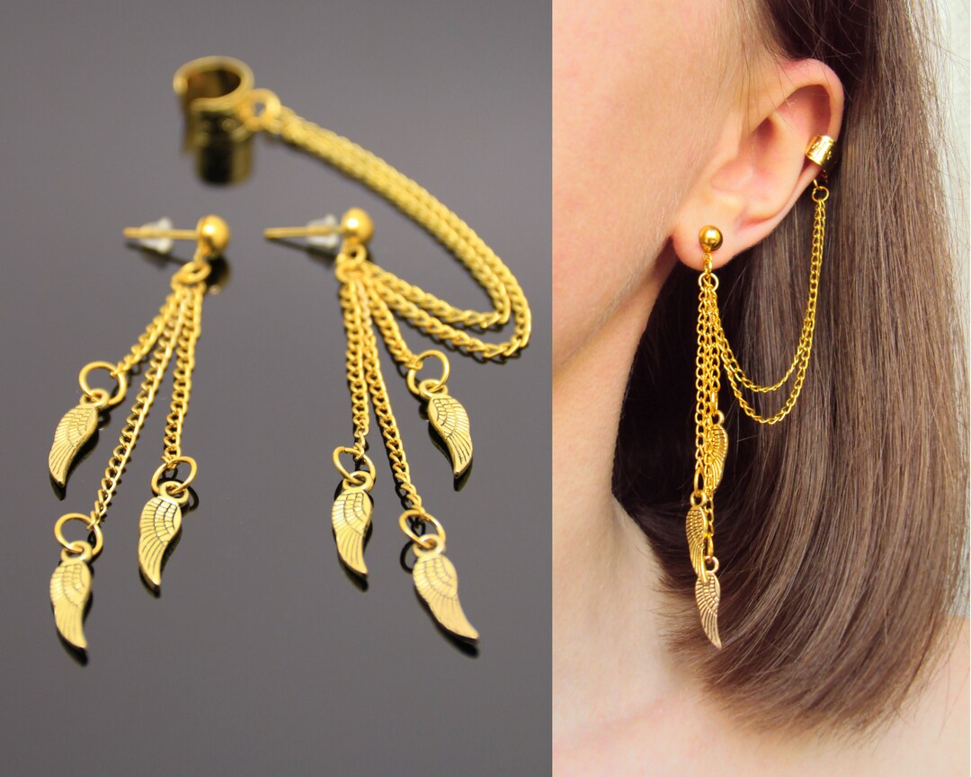 Gold Wings Ear Cuff Dangle Winged Earrings Fashion Ear Wraps Cartilage