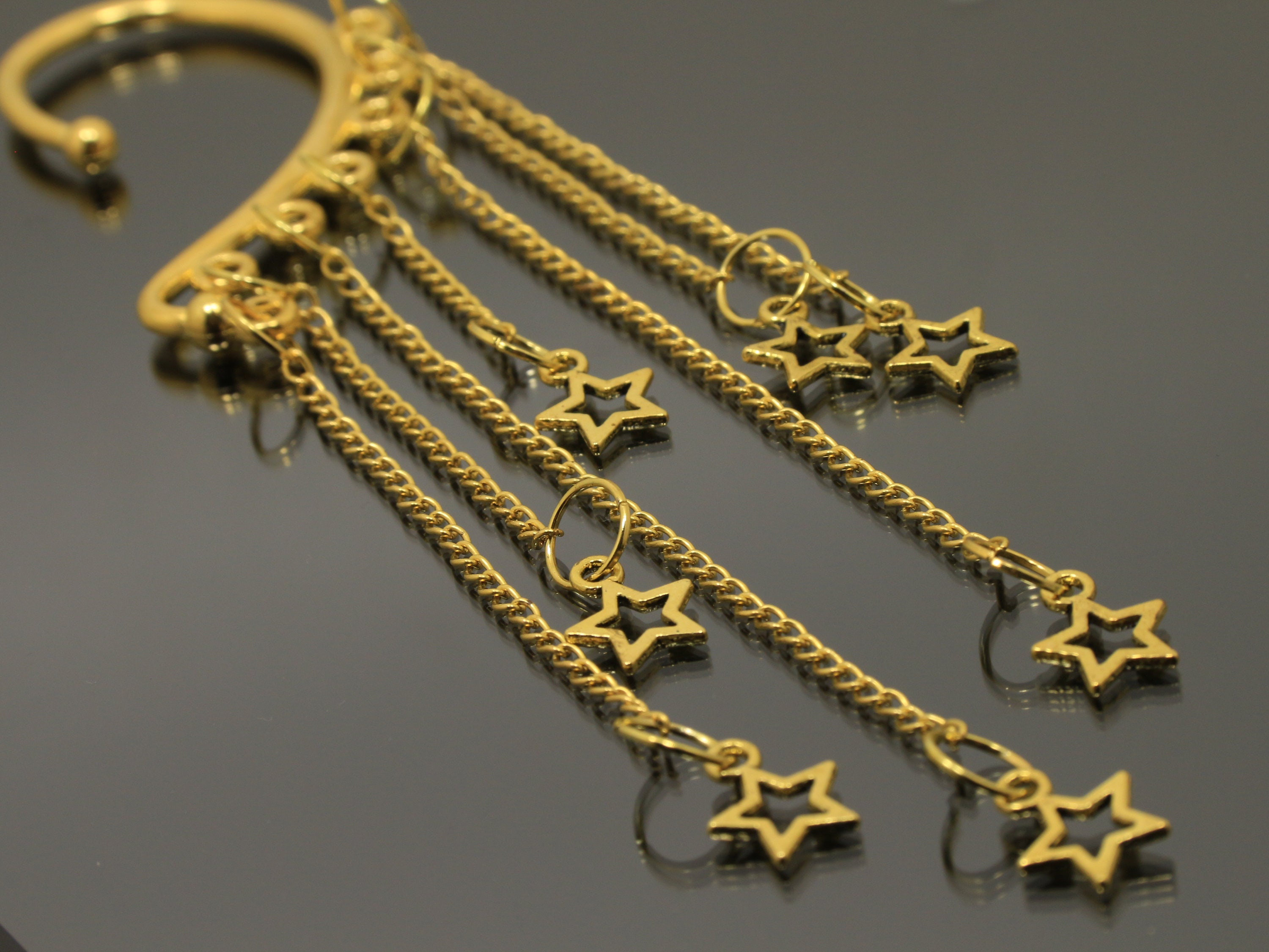 Gold Star Ear Cuff Earring Celestial Long Chain Jewelry Non 