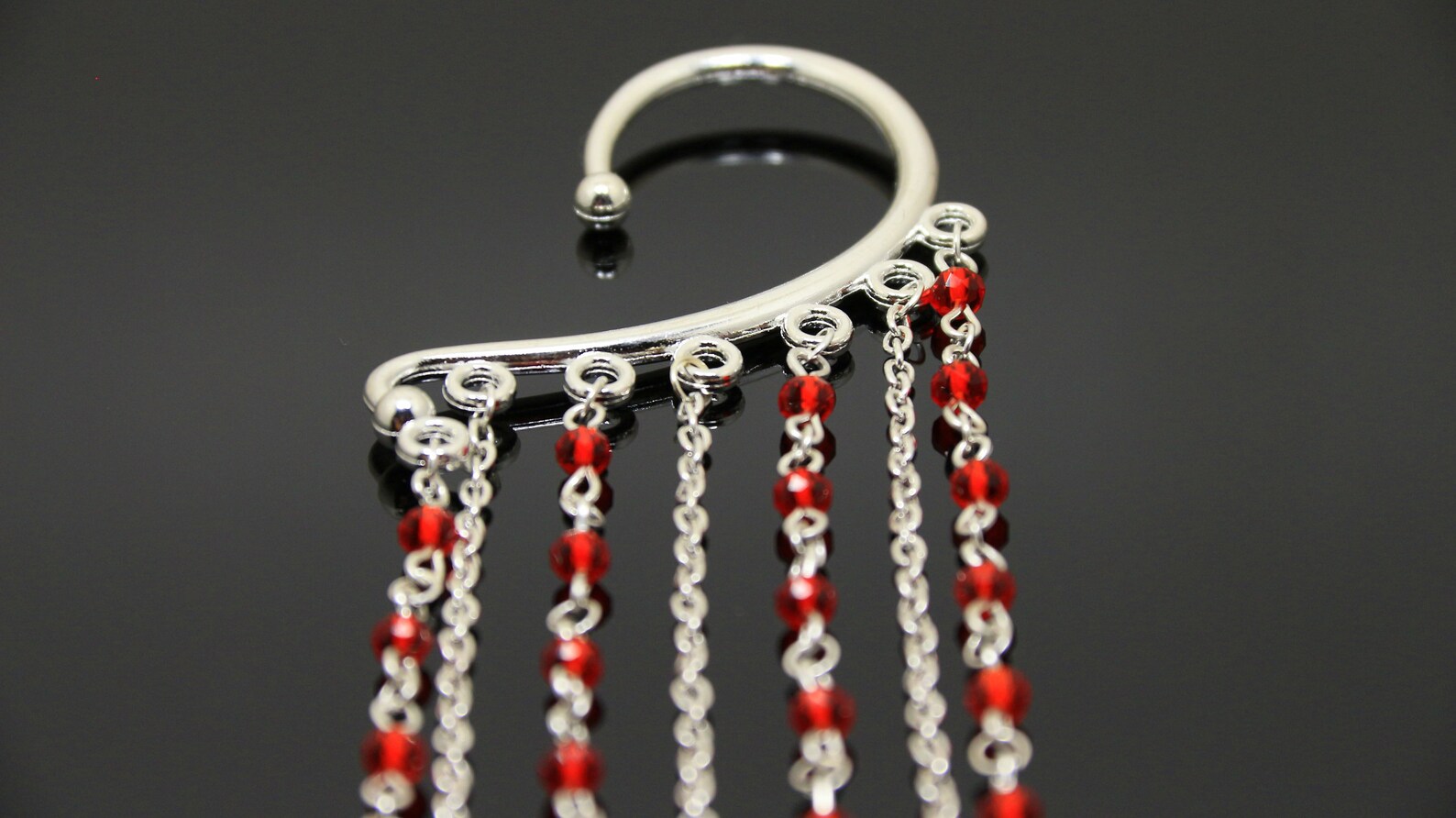 Red Dangle Ear Cuff No Piercing Bohemian Earrings Large Chain Etsy