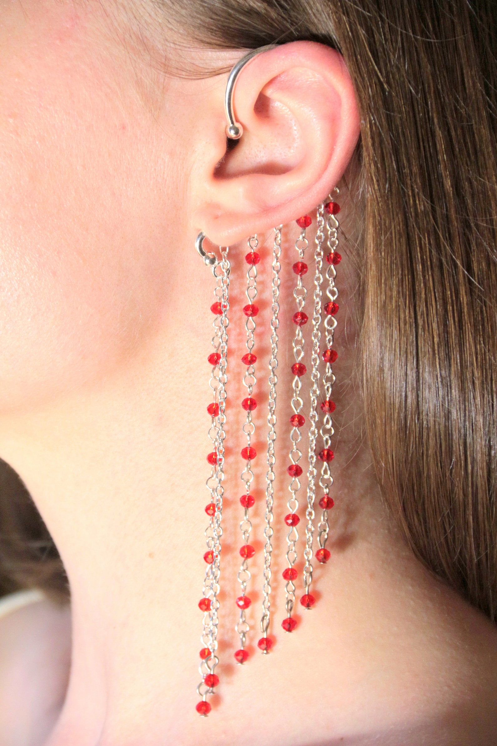 Red Dangle Ear Cuff No Piercing Bohemian Earrings Large Chain Etsy