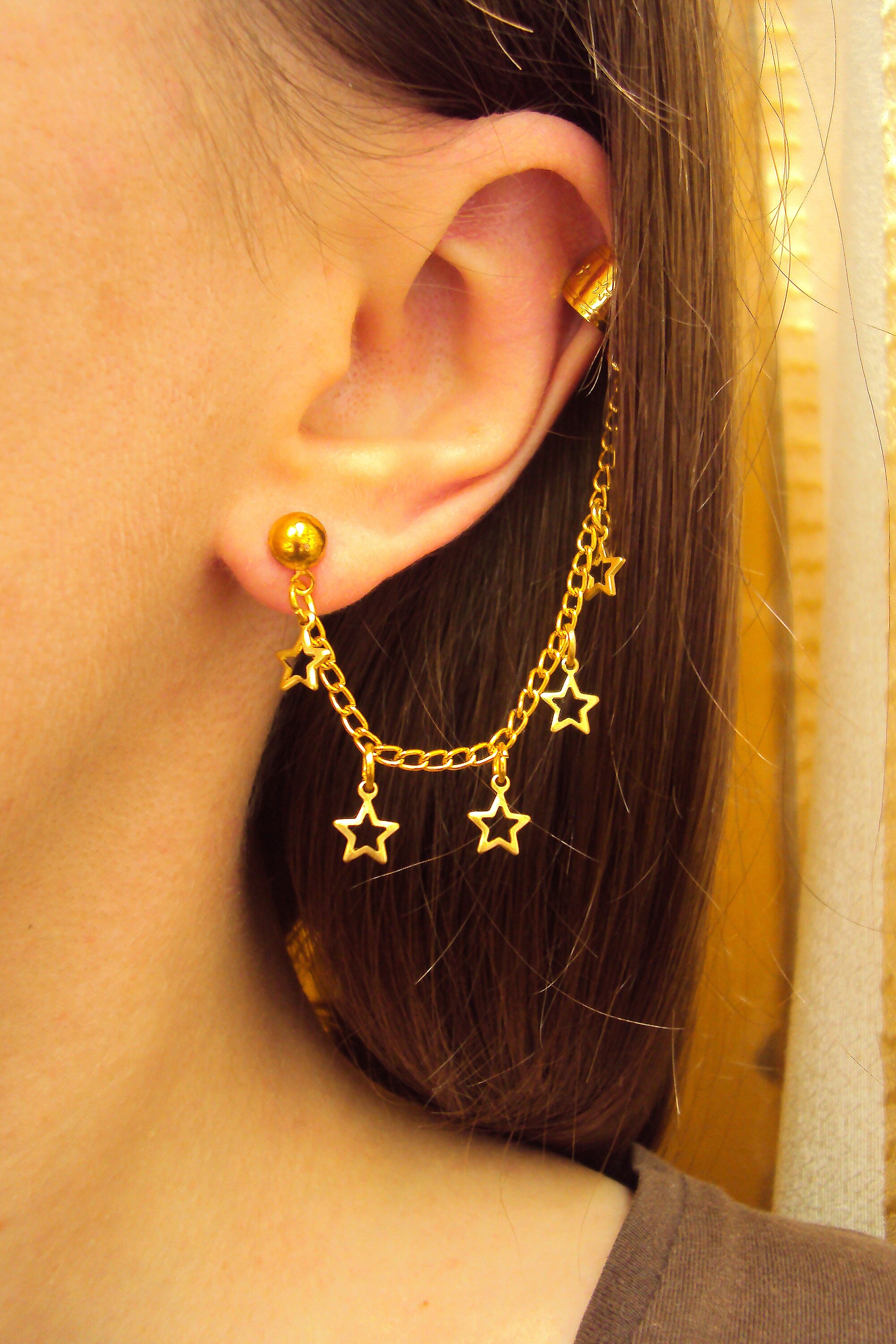 Gold Star Ear Cuff Earrings, Chain Non Pierced Fake Ear Cuffs 