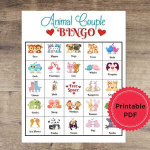 30 druckbare Tierpaar Bingo Karten - Valentinstag Schule Party Spiel - Sofortiger PDF Download, Digitale Datei, Drucken zu Hause, Memory Spiel