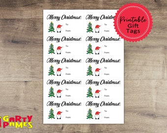 Printable Gnome Christmas Gift Tags - Instant PDF Download, Print at Home - Holiday Card, Gift Tag for Presents - Cute Gnome and Tree