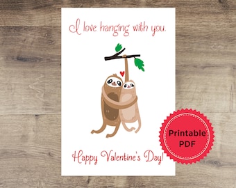 Printable Sloth Valentine's Day Card with Envelope, Printable Valentine Greeting - Instant PDF Download, Print at Home
