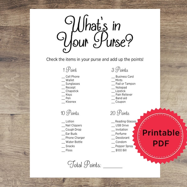 What's in Your Purse Printable Game - Instant PDF Download - Bridal or Baby Shower, Girls Night Out, Bachelorette Party, GNO - Print at home