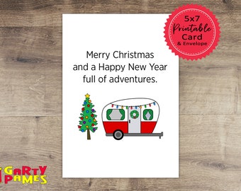 Printable Christmas Camper Card - Adventure Camping RV Camp Holiday Greeting - Instant PDF Download, Print at Home, Envelope Included