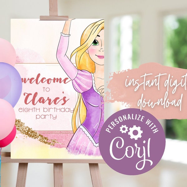 Tangled Birthday Welcome Sign, Rapunzel Birthday Party Poster, Rose Gold Watercolor Banner