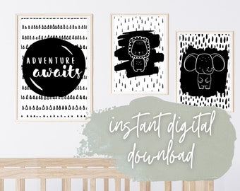 Safari Animal Nursery Prints: Monochromatic Jungle Decor (Set of 5) (Digital Download)