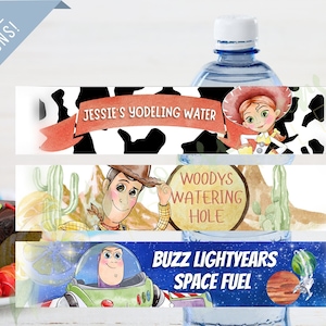 Etiqueta de garrafa de água Toy Story, Woody, Jessie, Buzz Lightyear Drink Wrap, decoração de festa de aniversário de Toy Story, 3 opções