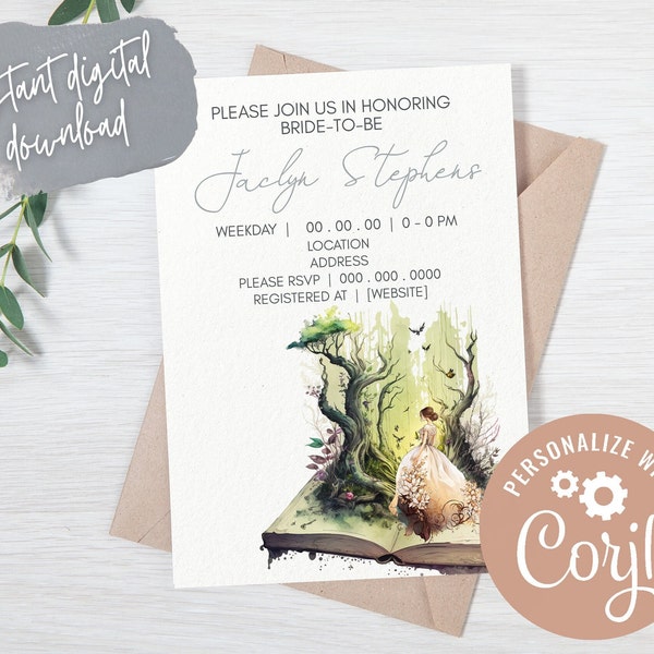Storybook Fantasy Bridal Shower Invitation, Fairytale Book Wedding Invite, Watercolor Ivory and Blush