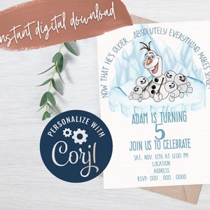 Frozen Birthday Invitation, Olaf Party Invite, Watercolor Winter Print and Share