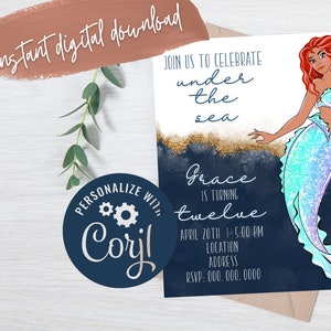 The Little Mermaid Live Action Birthday Invitation, Halle Bailey Ariel Invite, Navy Gold Evite