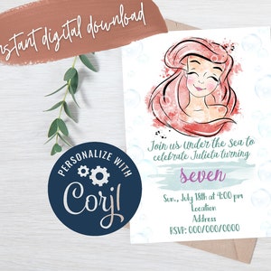 The Little Mermaid Birthday Invitation, Ariel Party Invite, Under the Sea Princess Evite, Digital Download