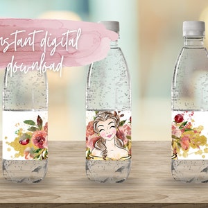 Etiqueta para botella de agua de La Bella y la Bestia, etiqueta para bebida Bella, envoltorio de jugo de princesa, oro rosa