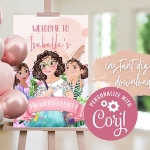 Encanto Birthday Welcome Poster, Mirabel, Isabela, Luisa Welcome Sign, Pink Rose Gold Floral