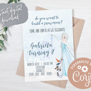 Frozen Birthday Invitation, Elsa and Olaf Digital Invite, Watercolor Party Decor, Winter Magic