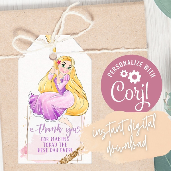 Tangled Thank You Tag, Rapunzel Birthday Party Favor, Birthday Party Gift Label, Rose Gold Princess, Download, Edit, Print